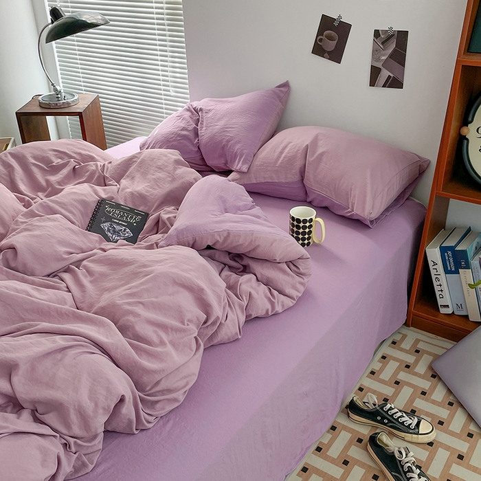 91家纺网 家纺一手货源 找家纺 优尚佳生活馆 2025新款ins风超柔褶皱亲肤磨毛水洗棉四件套双拼系列（风格二） 深紫浅紫