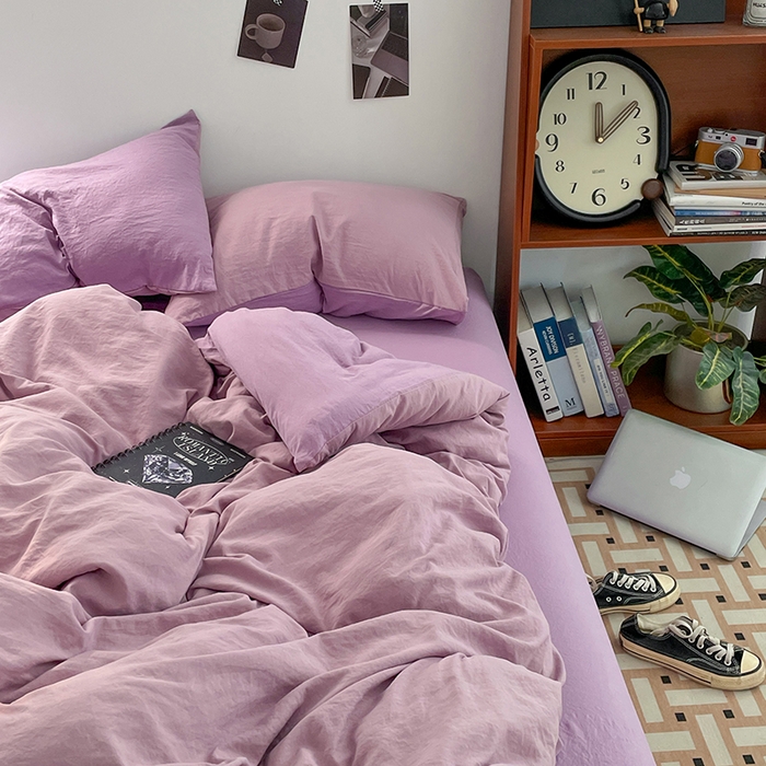 91家纺网 家纺一手货源 找家纺 优尚佳生活馆 2025新款ins风超柔褶皱亲肤磨毛水洗棉四件套双拼系列（风格二） 深紫浅紫