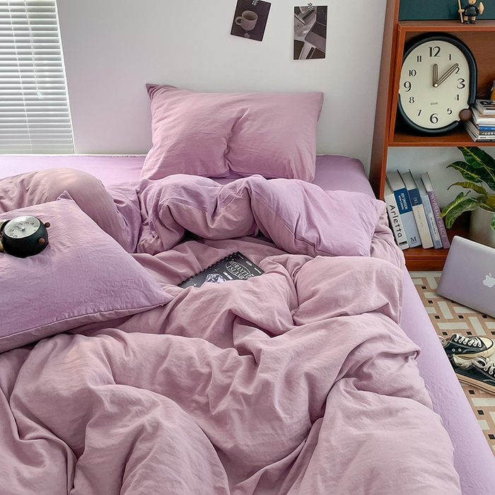 91家纺网 家纺一手货源 找家纺 优尚佳生活馆 2025新款ins风超柔褶皱亲肤磨毛水洗棉四件套双拼系列（风格二） 深紫浅紫