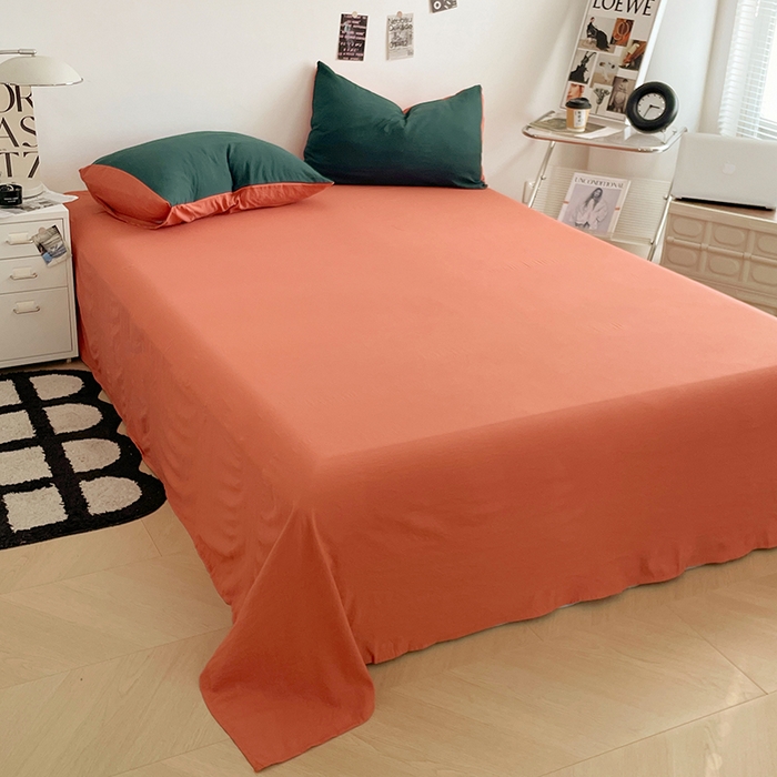 91家纺网 家纺一手货源 找家纺 优尚佳生活馆 2025新款ins风超柔褶皱亲肤磨毛水洗棉四件套双拼系列（风格一） 宝绿橙