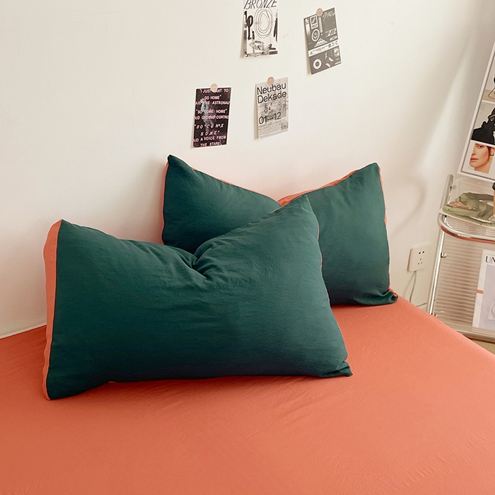 91家纺网 家纺一手货源 找家纺 优尚佳生活馆 2025新款ins风超柔褶皱亲肤磨毛水洗棉四件套双拼系列（风格一） 宝绿橙