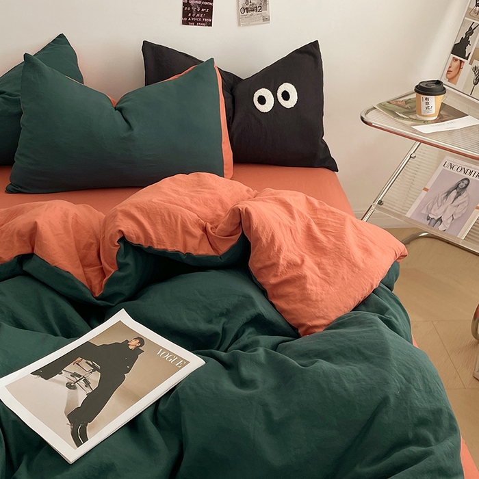 91家纺网 家纺一手货源 找家纺 优尚佳生活馆 2025新款ins风超柔褶皱亲肤磨毛水洗棉四件套双拼系列（风格一） 宝绿橙