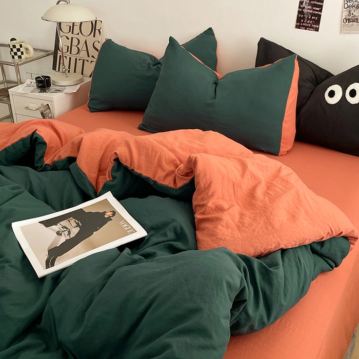 91家纺网 家纺一手货源 找家纺 优尚佳生活馆 2025新款ins风超柔褶皱亲肤磨毛水洗棉四件套双拼系列（风格一） 宝绿橙