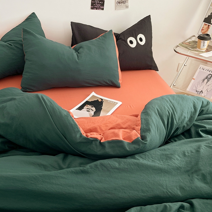 91家纺网 家纺一手货源 找家纺 优尚佳生活馆 2025新款ins风超柔褶皱亲肤磨毛水洗棉四件套双拼系列（风格一） 宝绿橙