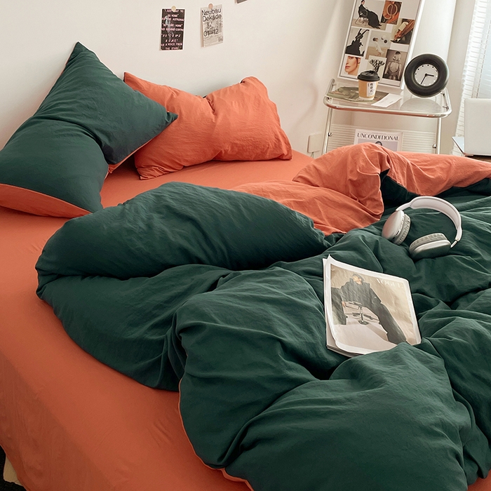 91家纺网 家纺一手货源 找家纺 优尚佳生活馆 2025新款ins风超柔褶皱亲肤磨毛水洗棉四件套双拼系列（风格一） 宝绿橙