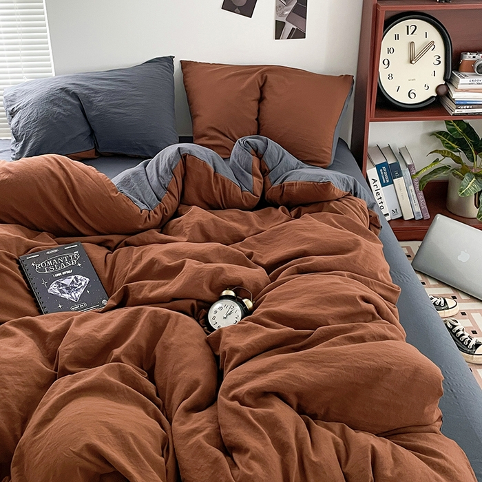 91家纺网 家纺一手货源 找家纺 优尚佳生活馆 2025新款ins风超柔褶皱亲肤磨毛水洗棉四件套双拼系列（风格二） 糖灰