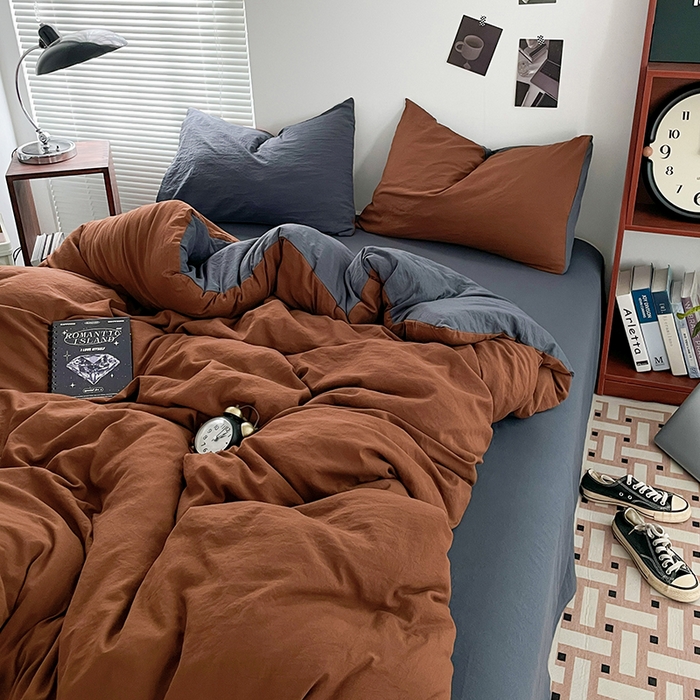 91家纺网 家纺一手货源 找家纺 优尚佳生活馆 2025新款ins风超柔褶皱亲肤磨毛水洗棉四件套双拼系列（风格二） 糖灰