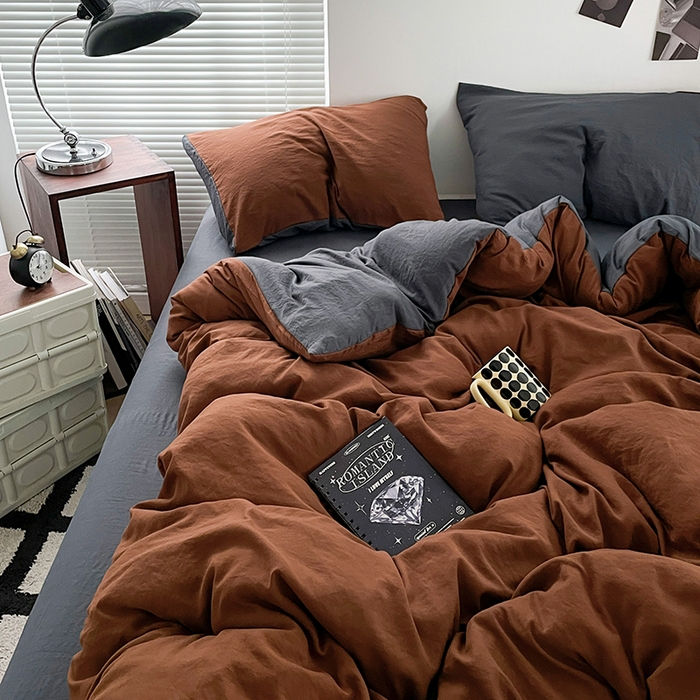 91家纺网 家纺一手货源 找家纺 优尚佳生活馆 2025新款ins风超柔褶皱亲肤磨毛水洗棉四件套双拼系列（风格二） 糖灰