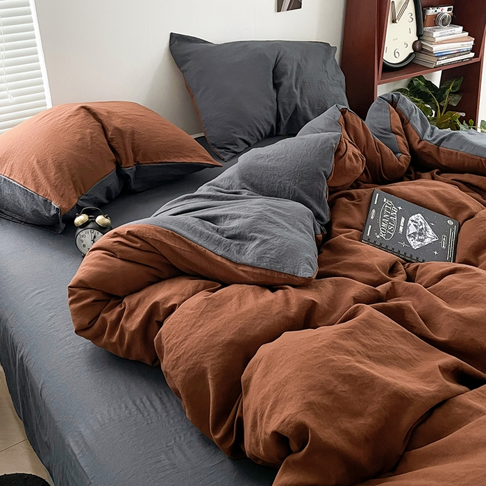 91家纺网 家纺一手货源 找家纺 优尚佳生活馆 2025新款ins风超柔褶皱亲肤磨毛水洗棉四件套双拼系列（风格二） 糖灰