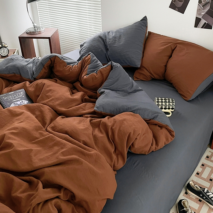 91家纺网 家纺一手货源 找家纺 优尚佳生活馆 2025新款ins风超柔褶皱亲肤磨毛水洗棉四件套双拼系列（风格二） 糖灰