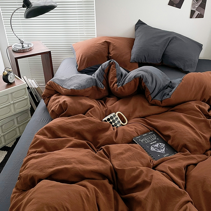 91家纺网 家纺一手货源 找家纺 优尚佳生活馆 2025新款ins风超柔褶皱亲肤磨毛水洗棉四件套双拼系列（风格二） 糖灰