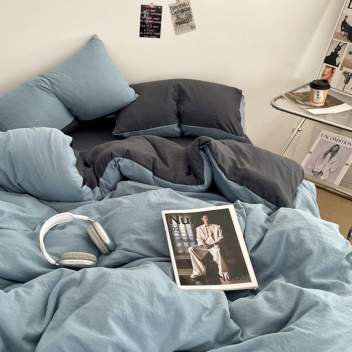 91家纺网 家纺一手货源 找家纺 优尚佳生活馆 2025新款ins风超柔褶皱亲肤磨毛水洗棉四件套双拼系列（风格一） 天蓝灰