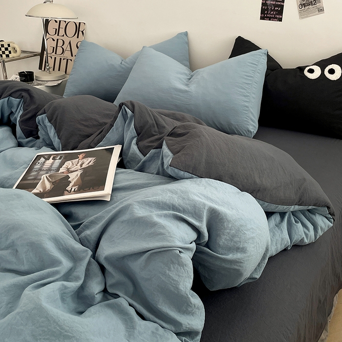 91家纺网 家纺一手货源 找家纺 优尚佳生活馆 2025新款ins风超柔褶皱亲肤磨毛水洗棉四件套双拼系列（风格一） 天蓝灰