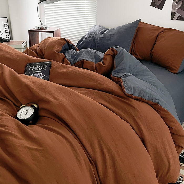 91家纺网 家纺一手货源 找家纺 优尚佳生活馆 2025新款ins风超柔褶皱亲肤磨毛水洗棉四件套双拼系列（风格二） 糖灰