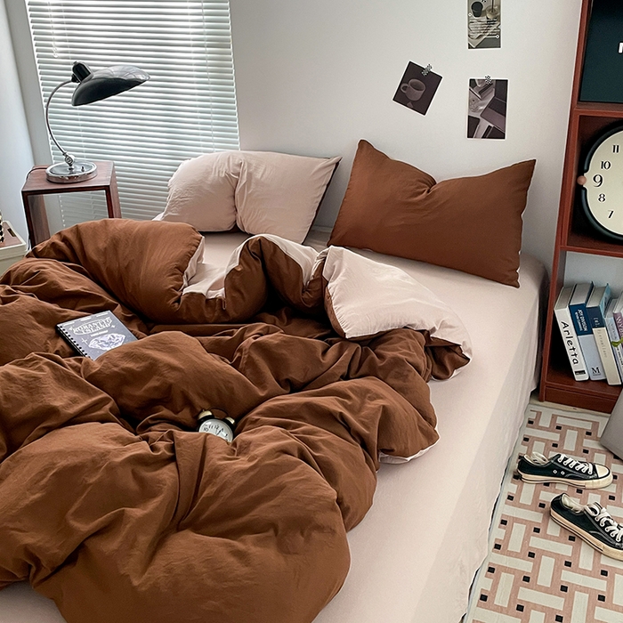 91家纺网 家纺一手货源 找家纺 优尚佳生活馆 2025新款ins风超柔褶皱亲肤磨毛水洗棉四件套双拼系列（风格二） 糖卡