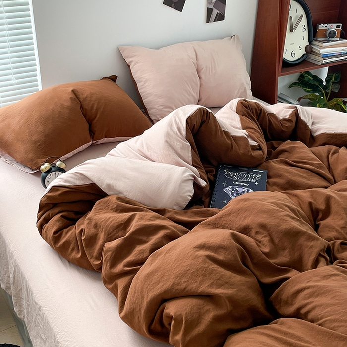 91家纺网 家纺一手货源 找家纺 优尚佳生活馆 2025新款ins风超柔褶皱亲肤磨毛水洗棉四件套双拼系列（风格二） 糖卡