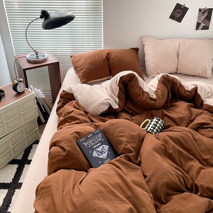 91家纺网 家纺一手货源 找家纺 优尚佳生活馆 2025新款ins风超柔褶皱亲肤磨毛水洗棉四件套双拼系列（风格二） 糖卡