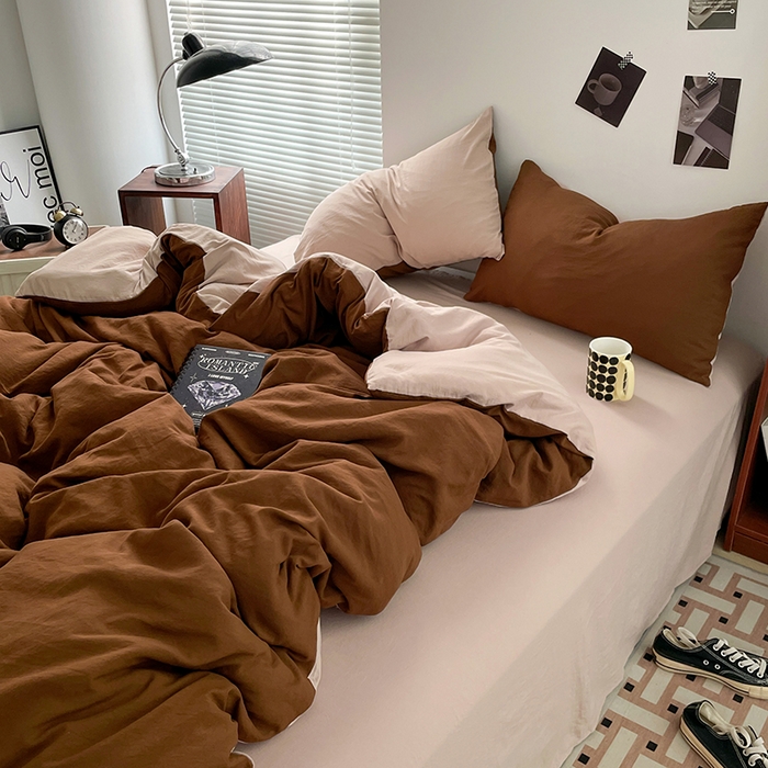 91家纺网 家纺一手货源 找家纺 优尚佳生活馆 2025新款ins风超柔褶皱亲肤磨毛水洗棉四件套双拼系列（风格二） 糖卡