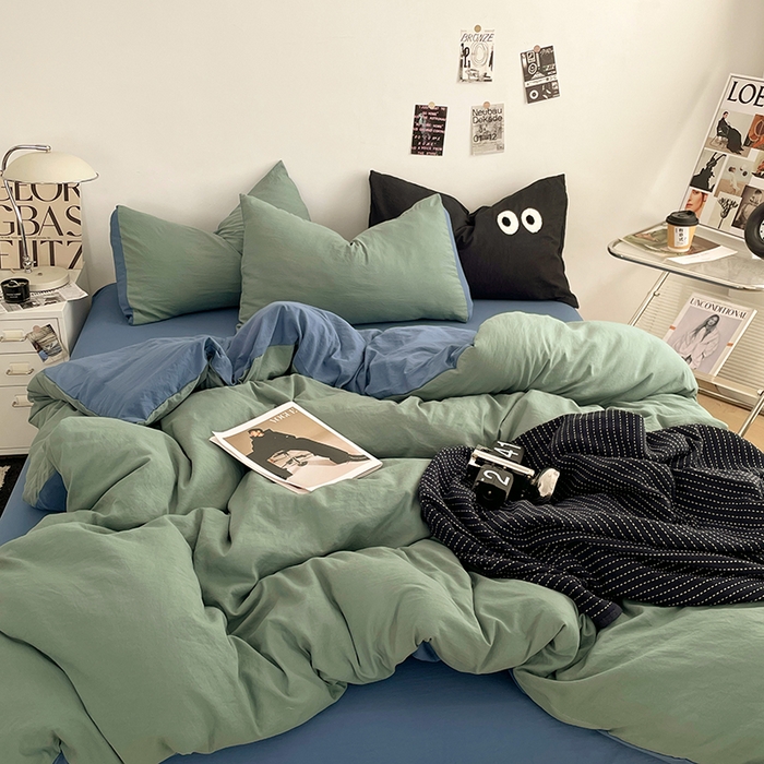 优尚佳生活馆 2025新款ins风超柔褶皱亲肤磨毛水洗棉四件套双拼系列（风格一） 清新牛仔