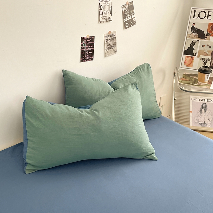 91家纺网 家纺一手货源 找家纺 优尚佳生活馆 2025新款ins风超柔褶皱亲肤磨毛水洗棉四件套双拼系列（风格一） 清新牛仔