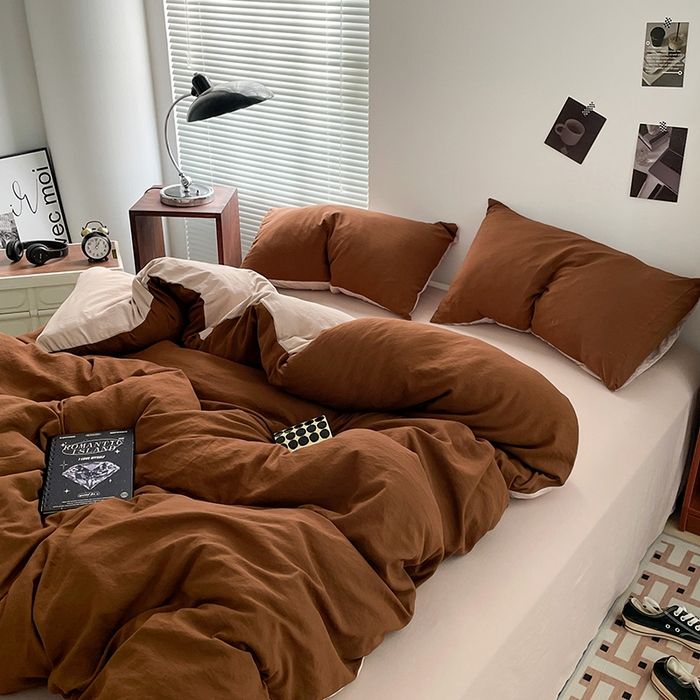 91家纺网 家纺一手货源 找家纺 优尚佳生活馆 2025新款ins风超柔褶皱亲肤磨毛水洗棉四件套双拼系列（风格二） 糖卡