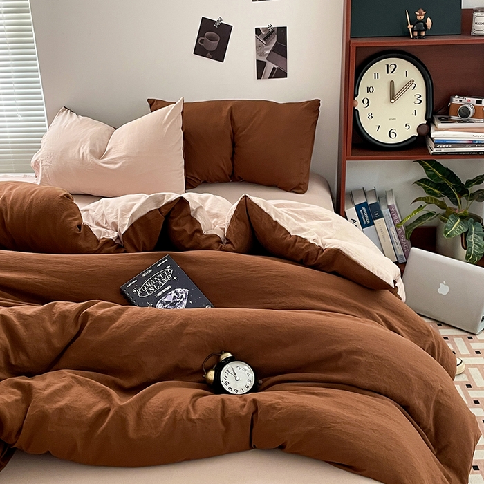 91家纺网 家纺一手货源 找家纺 优尚佳生活馆 2025新款ins风超柔褶皱亲肤磨毛水洗棉四件套双拼系列（风格二） 糖卡