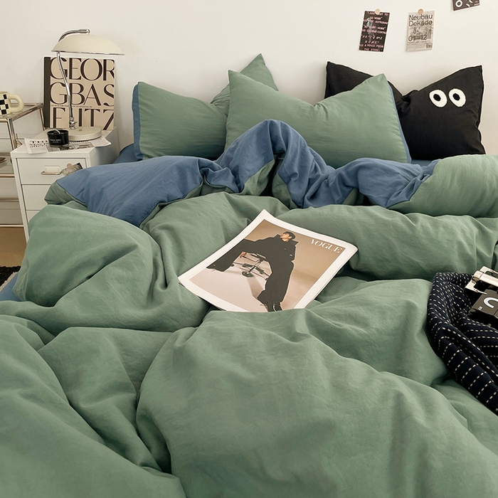 91家纺网 家纺一手货源 找家纺 优尚佳生活馆 2025新款ins风超柔褶皱亲肤磨毛水洗棉四件套双拼系列（风格一） 清新牛仔