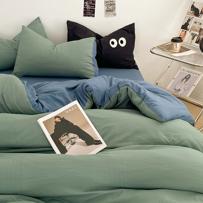 91家纺网 家纺一手货源 找家纺 优尚佳生活馆 2025新款ins风超柔褶皱亲肤磨毛水洗棉四件套双拼系列（风格一） 清新牛仔