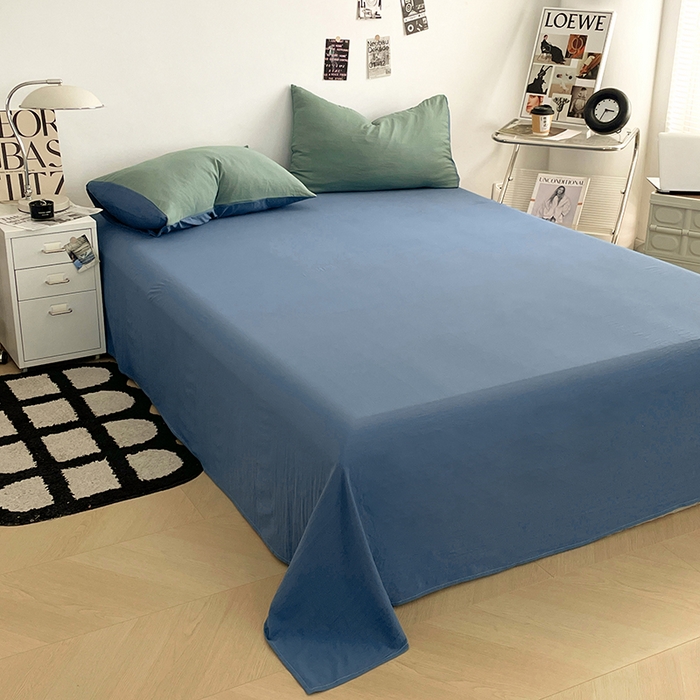 91家纺网 家纺一手货源 找家纺 优尚佳生活馆 2025新款ins风超柔褶皱亲肤磨毛水洗棉四件套双拼系列（风格一） 清新牛仔