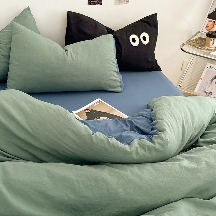 91家纺网 家纺一手货源 找家纺 优尚佳生活馆 2025新款ins风超柔褶皱亲肤磨毛水洗棉四件套双拼系列（风格一） 清新牛仔