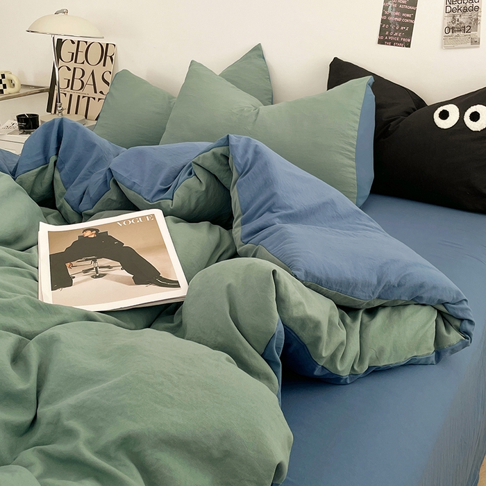 91家纺网 家纺一手货源 找家纺 优尚佳生活馆 2025新款ins风超柔褶皱亲肤磨毛水洗棉四件套双拼系列（风格一） 清新牛仔