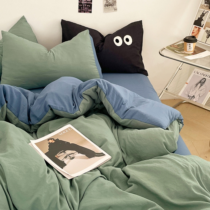 91家纺网 家纺一手货源 找家纺 优尚佳生活馆 2025新款ins风超柔褶皱亲肤磨毛水洗棉四件套双拼系列（风格一） 清新牛仔