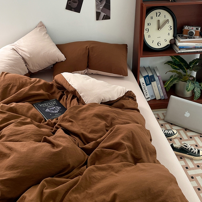 91家纺网 家纺一手货源 找家纺 优尚佳生活馆 2025新款ins风超柔褶皱亲肤磨毛水洗棉四件套双拼系列（风格二） 糖卡