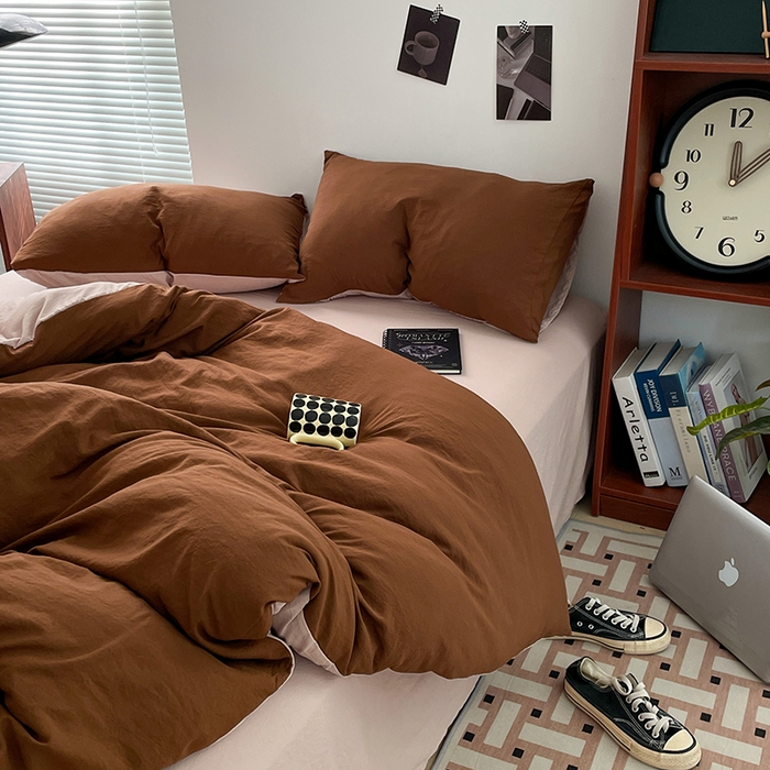 91家纺网 家纺一手货源 找家纺 优尚佳生活馆 2025新款ins风超柔褶皱亲肤磨毛水洗棉四件套双拼系列（风格二） 糖卡