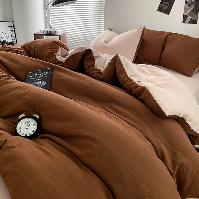 91家纺网 家纺一手货源 找家纺 优尚佳生活馆 2025新款ins风超柔褶皱亲肤磨毛水洗棉四件套双拼系列（风格二） 糖卡