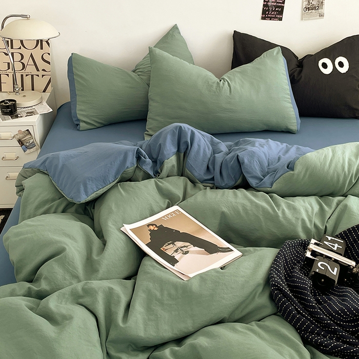 91家纺网 家纺一手货源 找家纺 优尚佳生活馆 2025新款ins风超柔褶皱亲肤磨毛水洗棉四件套双拼系列（风格一） 清新牛仔