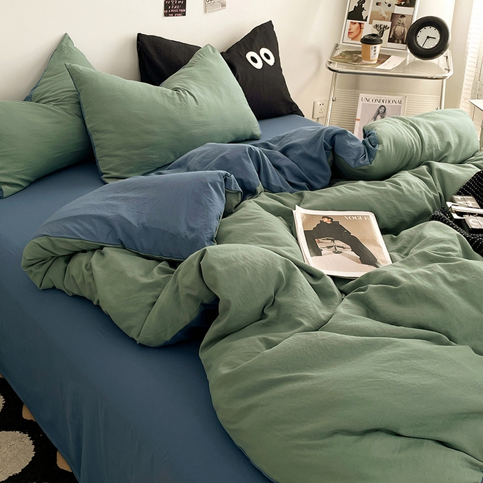 91家纺网 家纺一手货源 找家纺 优尚佳生活馆 2025新款ins风超柔褶皱亲肤磨毛水洗棉四件套双拼系列（风格一） 清新牛仔