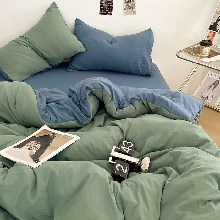 91家纺网 家纺一手货源 找家纺 优尚佳生活馆 2025新款ins风超柔褶皱亲肤磨毛水洗棉四件套双拼系列（风格一） 清新牛仔