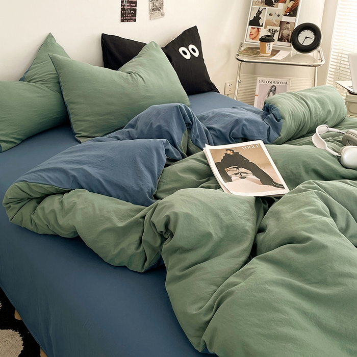 91家纺网 家纺一手货源 找家纺 优尚佳生活馆 2025新款ins风超柔褶皱亲肤磨毛水洗棉四件套双拼系列（风格一） 清新牛仔