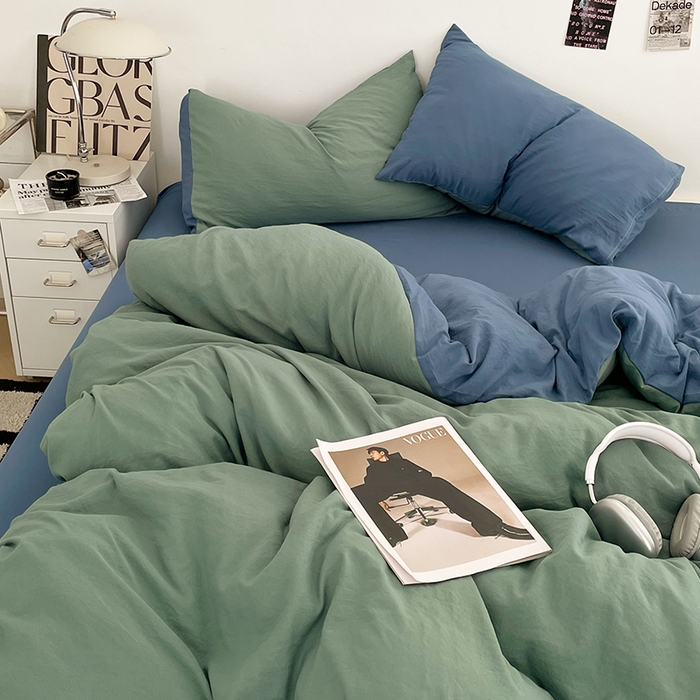 91家纺网 家纺一手货源 找家纺 优尚佳生活馆 2025新款ins风超柔褶皱亲肤磨毛水洗棉四件套双拼系列（风格一） 清新牛仔