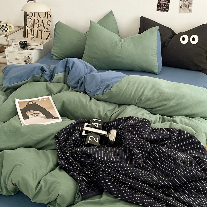 91家纺网 家纺一手货源 找家纺 优尚佳生活馆 2025新款ins风超柔褶皱亲肤磨毛水洗棉四件套双拼系列（风格一） 清新牛仔