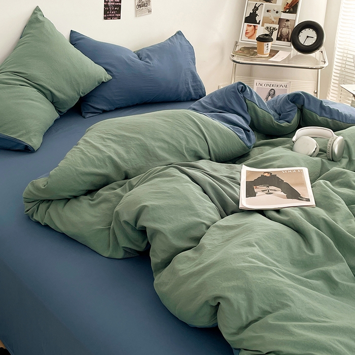 91家纺网 家纺一手货源 找家纺 优尚佳生活馆 2025新款ins风超柔褶皱亲肤磨毛水洗棉四件套双拼系列（风格一） 清新牛仔