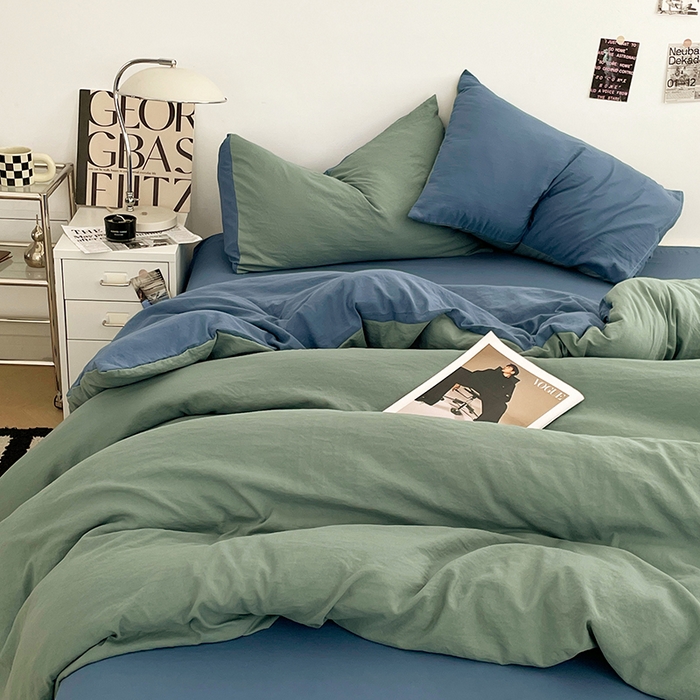 91家纺网 家纺一手货源 找家纺 优尚佳生活馆 2025新款ins风超柔褶皱亲肤磨毛水洗棉四件套双拼系列（风格一） 清新牛仔