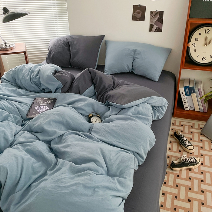 91家纺网 家纺一手货源 找家纺 优尚佳生活馆 2025新款ins风超柔褶皱亲肤磨毛水洗棉四件套双拼系列（风格二） 天蓝灰