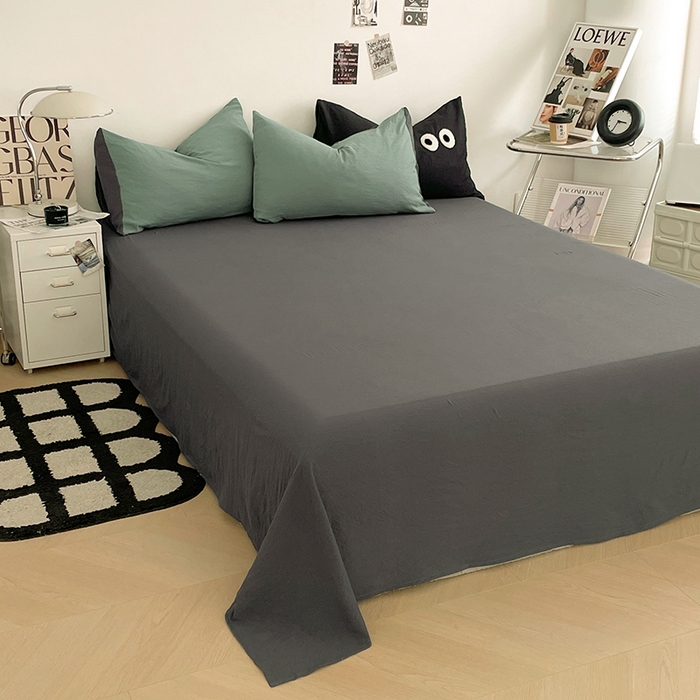 91家纺网 家纺一手货源 找家纺 优尚佳生活馆 2025新款ins风超柔褶皱亲肤磨毛水洗棉四件套双拼系列（风格一） 清新灰