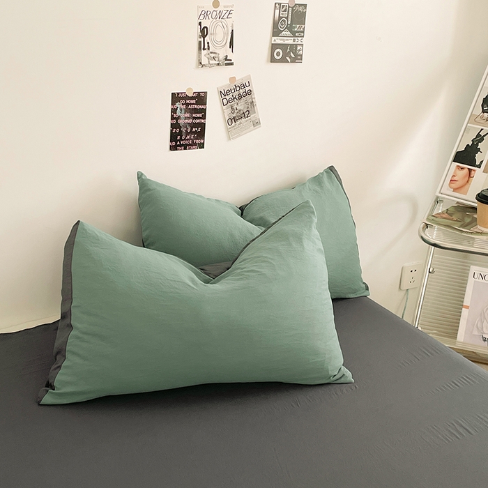 91家纺网 家纺一手货源 找家纺 优尚佳生活馆 2025新款ins风超柔褶皱亲肤磨毛水洗棉四件套双拼系列（风格一） 清新灰