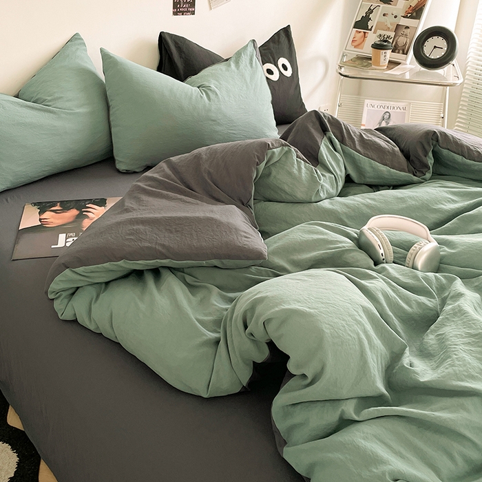 91家纺网 家纺一手货源 找家纺 优尚佳生活馆 2025新款ins风超柔褶皱亲肤磨毛水洗棉四件套双拼系列（风格一） 清新灰