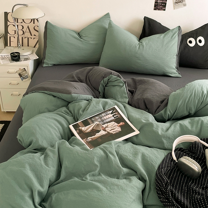 91家纺网 家纺一手货源 找家纺 优尚佳生活馆 2025新款ins风超柔褶皱亲肤磨毛水洗棉四件套双拼系列（风格一） 清新灰