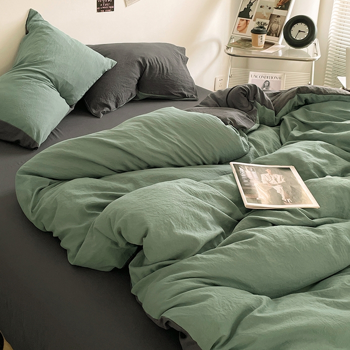 91家纺网 家纺一手货源 找家纺 优尚佳生活馆 2025新款ins风超柔褶皱亲肤磨毛水洗棉四件套双拼系列（风格一） 清新灰