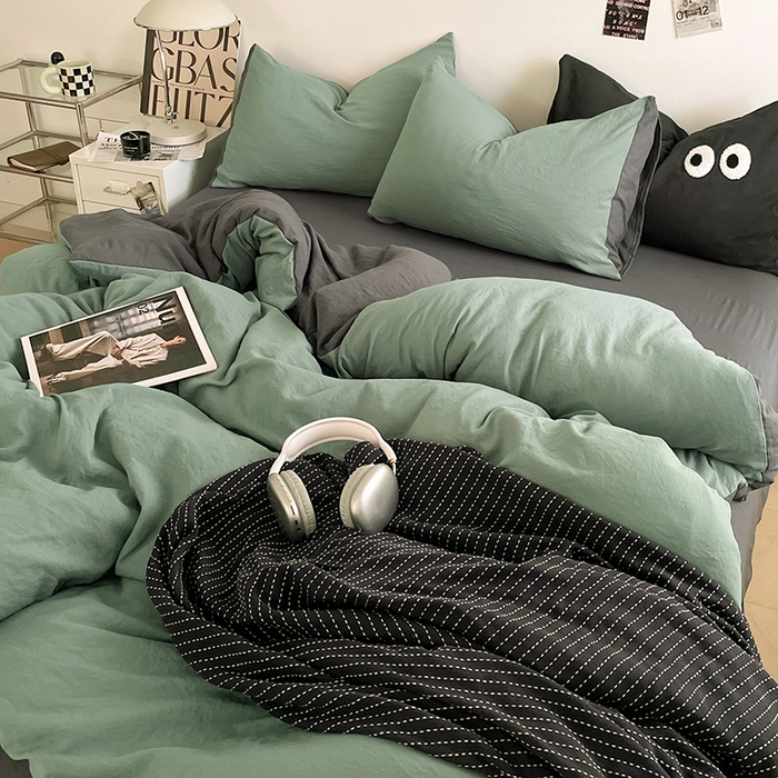 91家纺网 家纺一手货源 找家纺 优尚佳生活馆 2025新款ins风超柔褶皱亲肤磨毛水洗棉四件套双拼系列（风格一） 清新灰